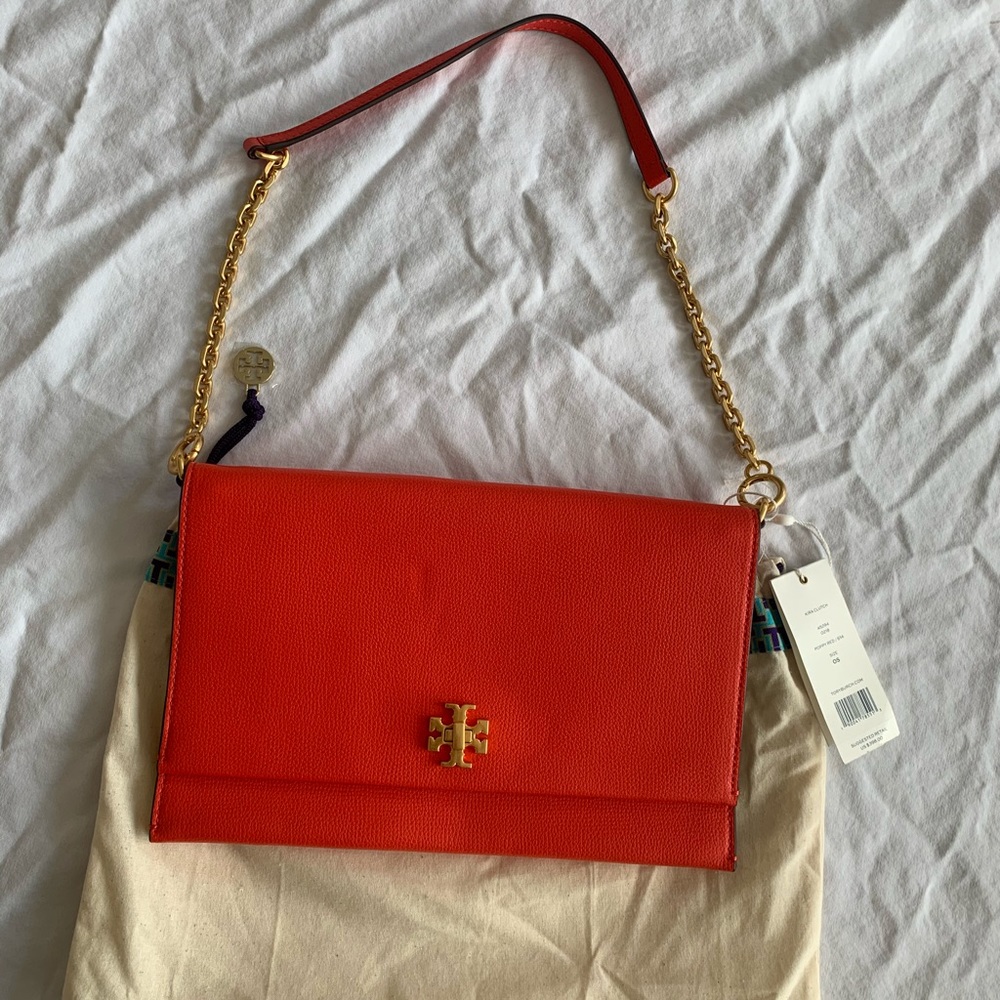 Tory Burch Poppy Red “Vintage Like” Kira Clutch w/ Strap, NWT!!!